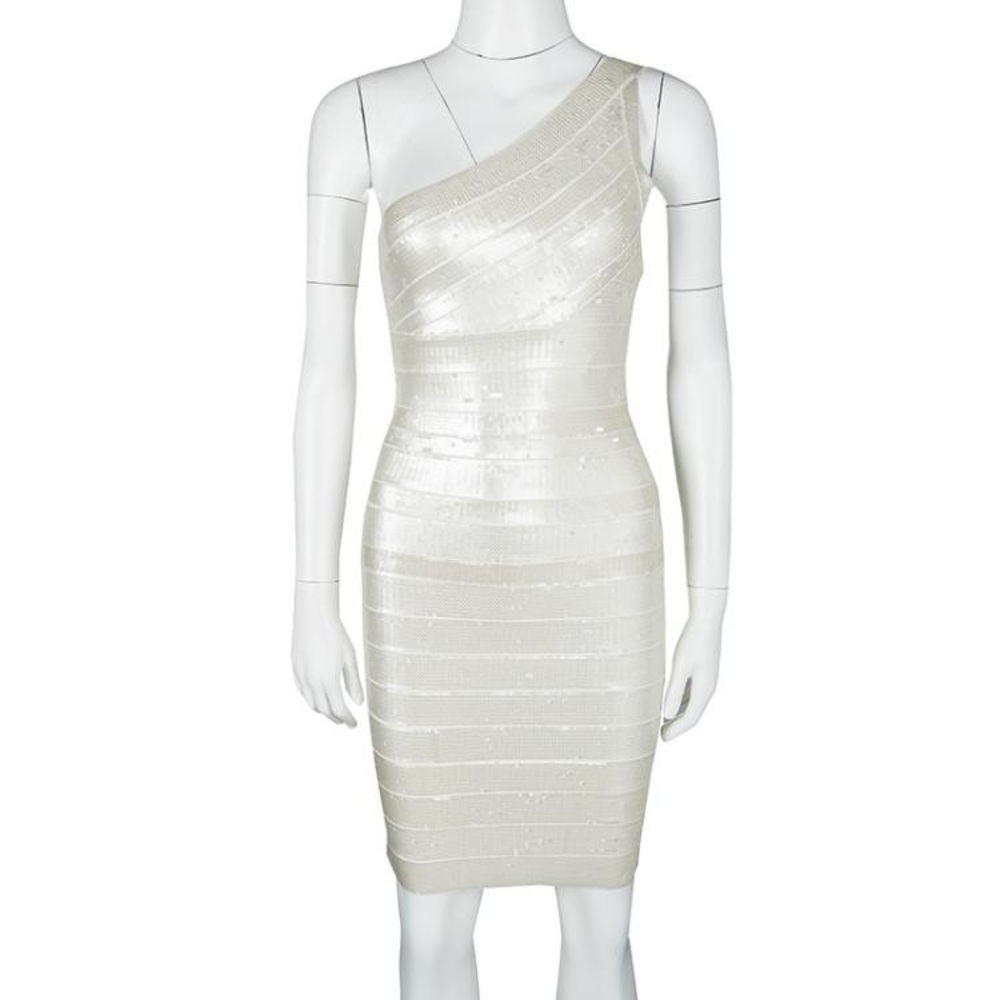 Herve Leger One Shoulder Bandage Dress, White/Silver, metallic coating